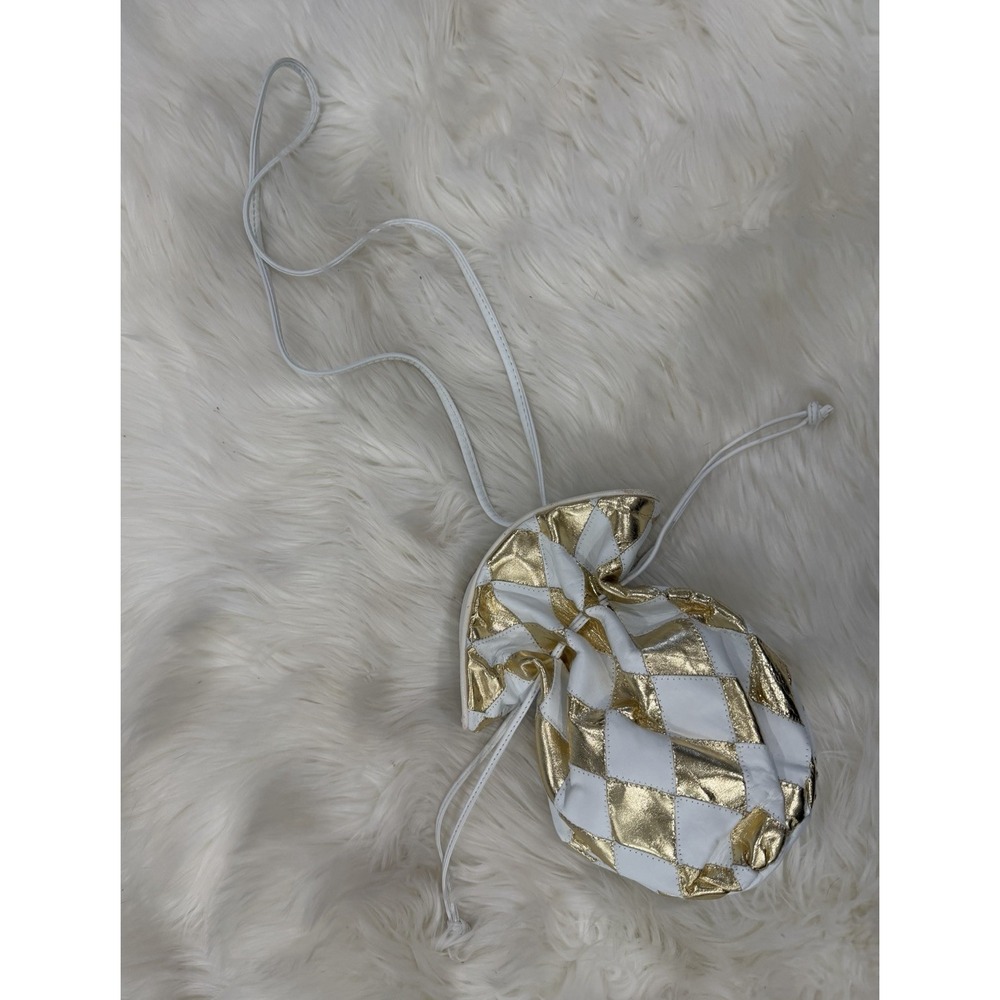 Gold White Leather Patchwork Drawstring Bucket Bag Crossbody Shoulder Purse